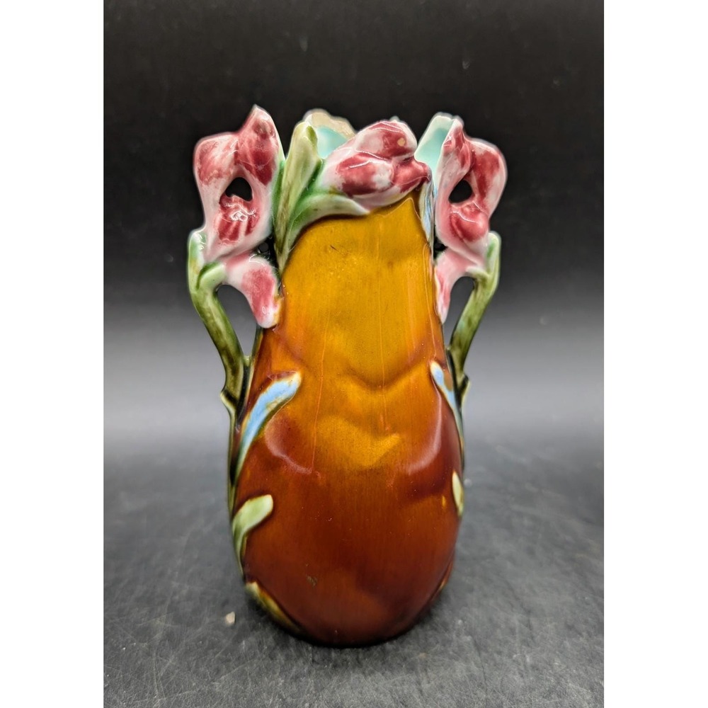 Vintage Art Nouveau Majolica Ceramic Floral Vase Amber Brown Turquoise 6" As Is